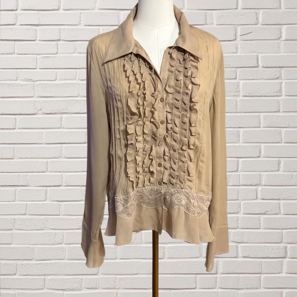 Sheer Ruffle Lace Button Front Blouse Ethereal Romantic Whimsical Y2K